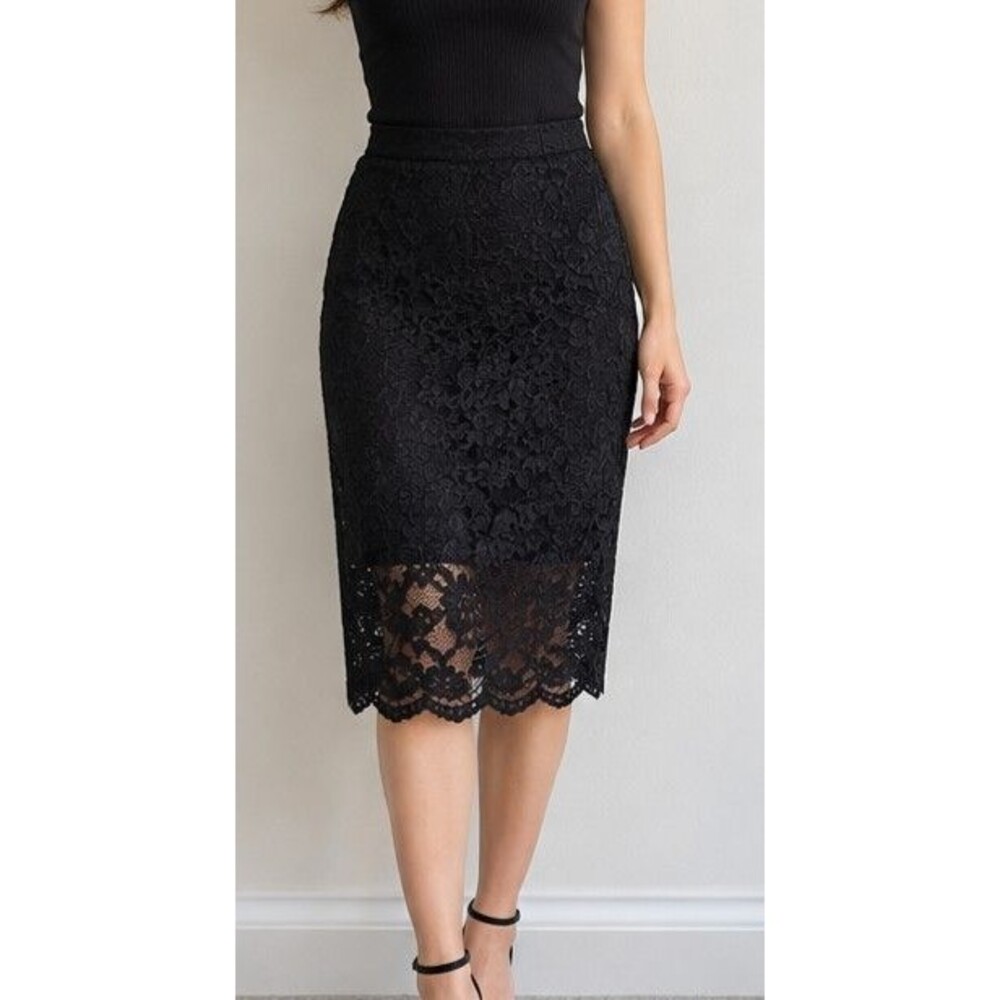 Forever 21 High Rise Black Floral Lace Pencil Skirt Lined Overlay Boho Size S